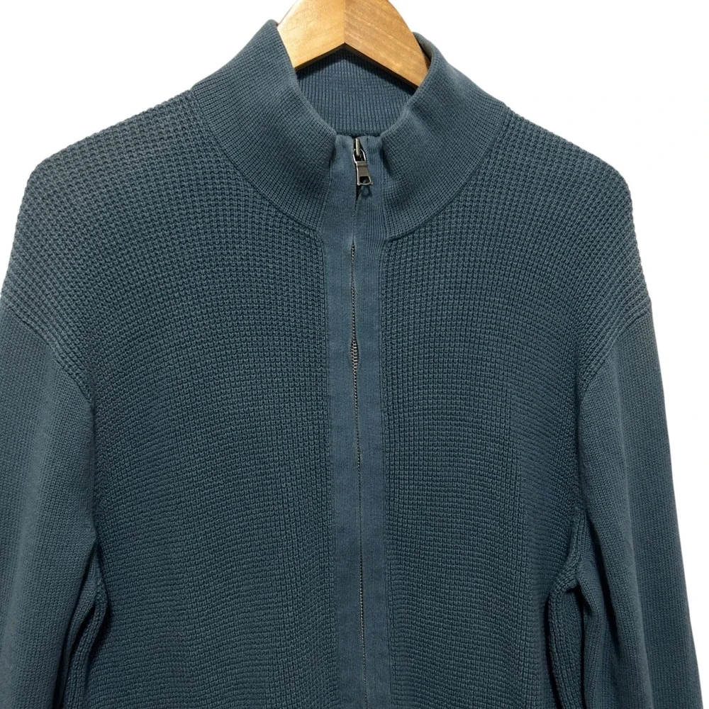 Banana Republic Men Full Zip Sweater L Blue Waffle Knit Cotton Minimalist Modern